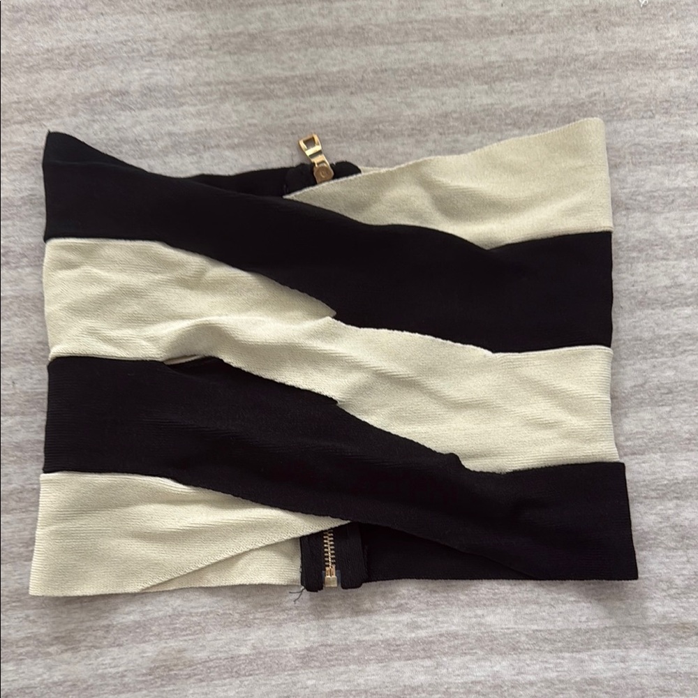 Black and Cream Asymmetrical Ruched Mini Skirt